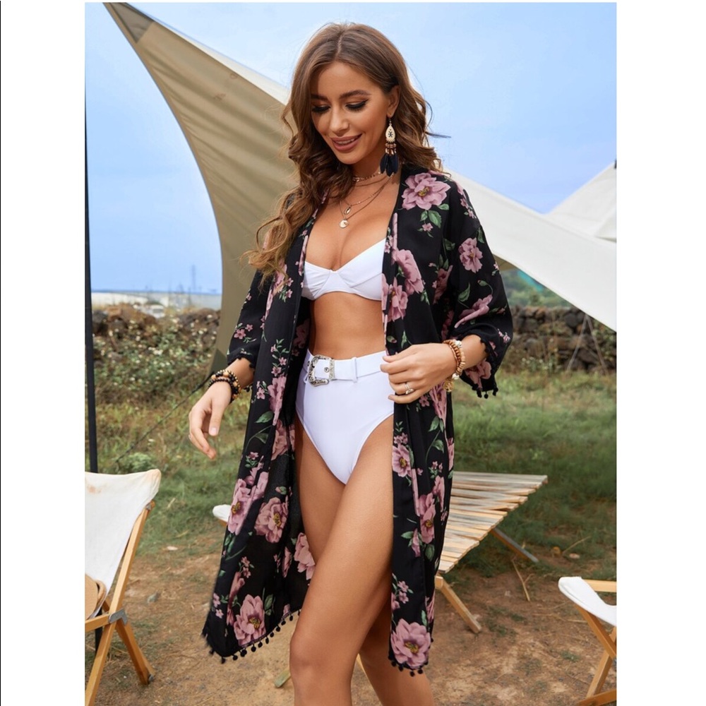 (3 Pack) Black Floral Print Pom Pom Trim Kimono